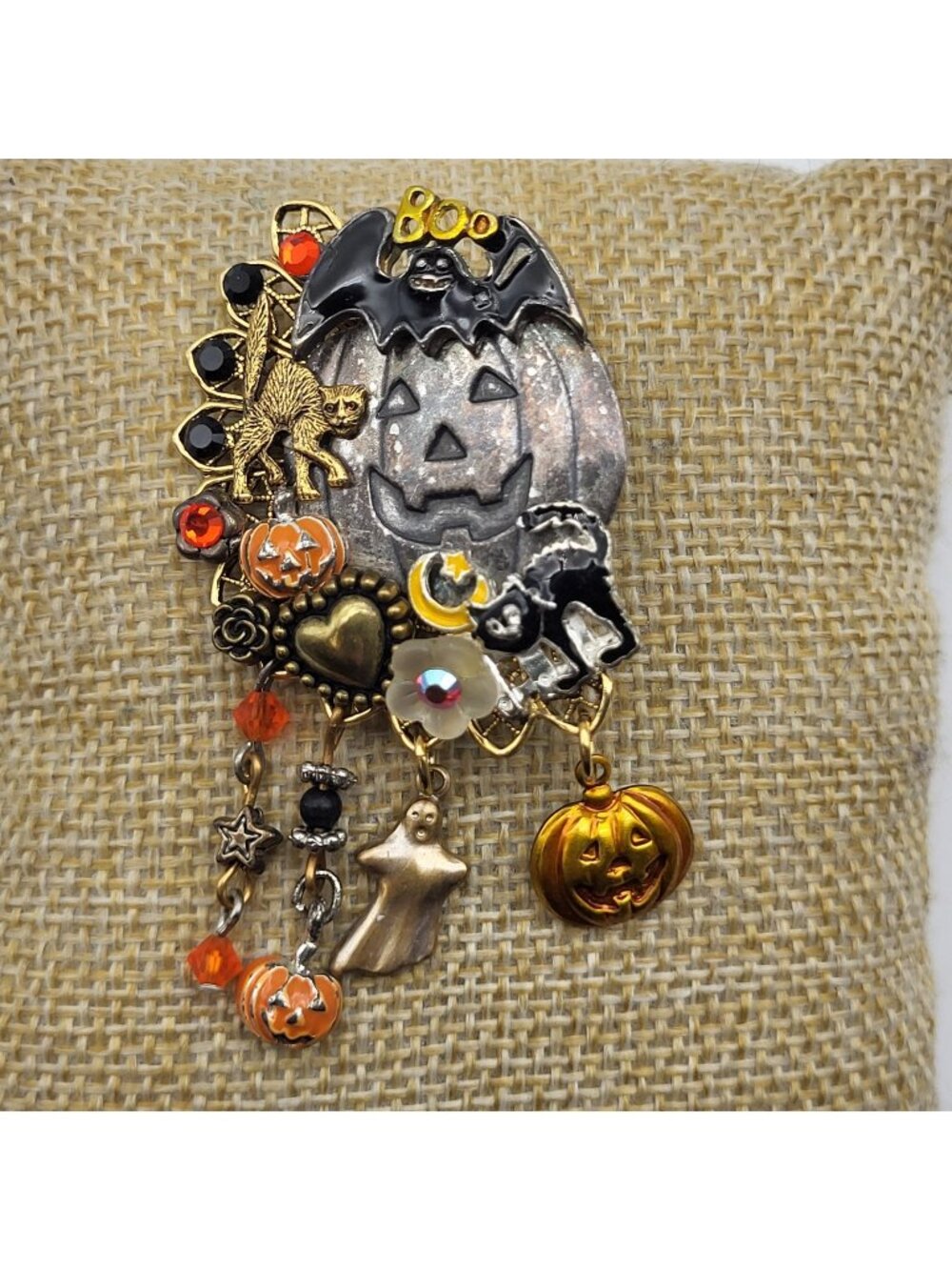 Fabulous Mixed metals Found object Halloween Charm Brooch pin Cat Bat Ghost OOAK